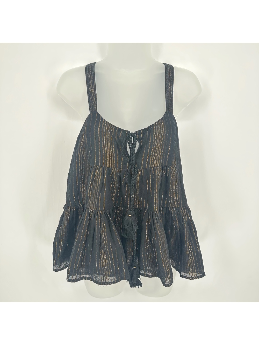 Karina Grimaldi NWT Black Gold Striped Boho Tassel Tie Tank Top XS